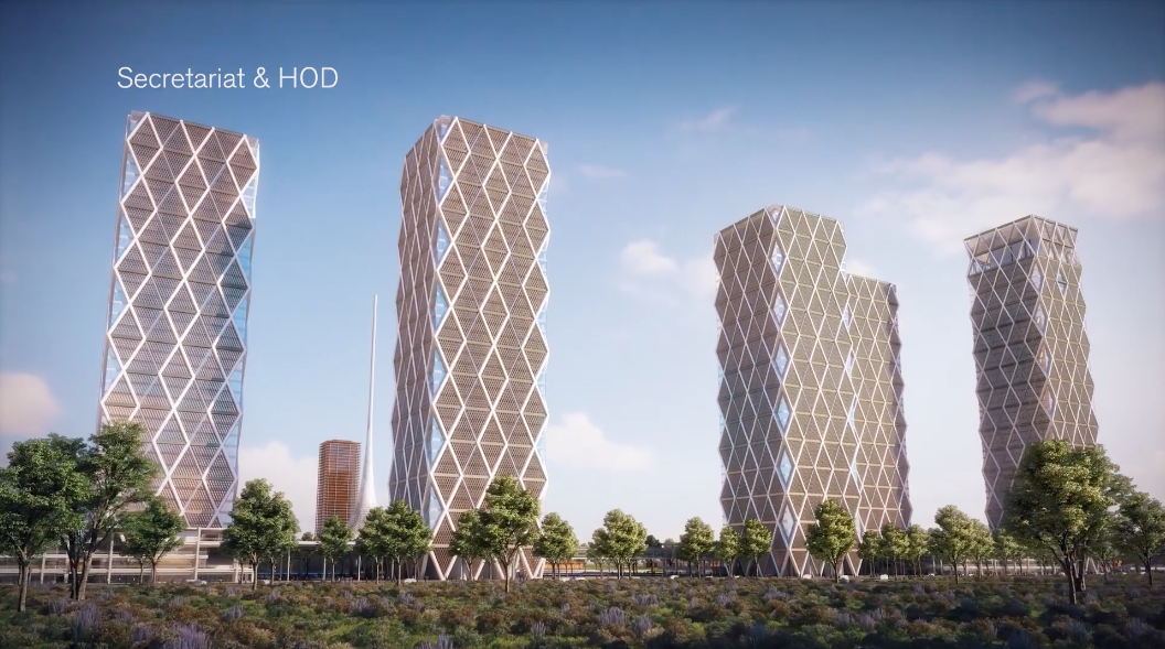 An architectural design of the upcoming Amaravati Iconic Towers in Andhra Pradesh.